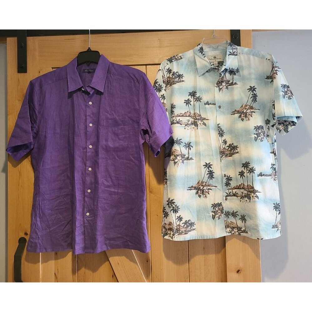 Lot of 2 Alan Flusser 100% Linen Shirt Men Sz L & Island Shores Hawaiian Button